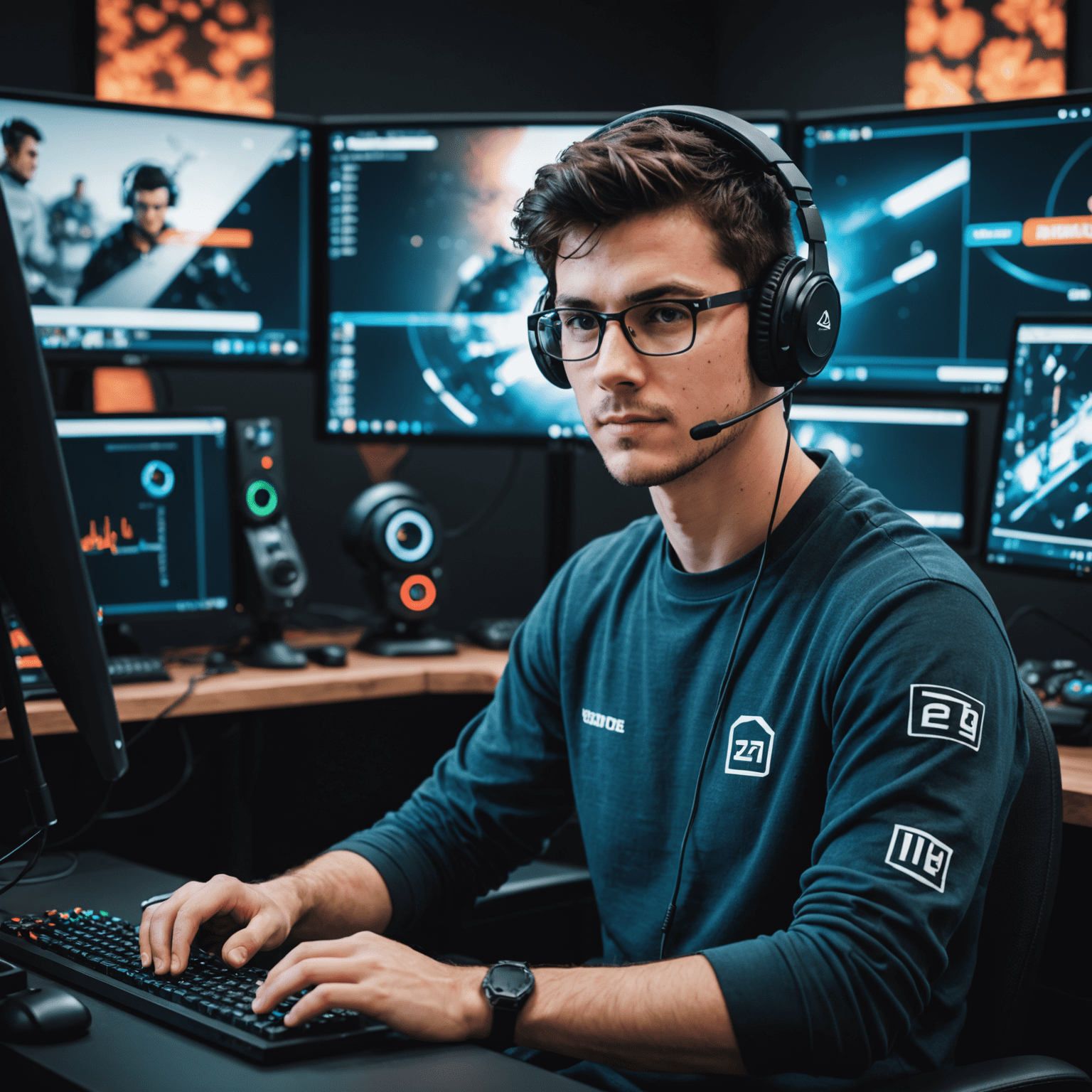 YouTuber DroppCS, a professional-looking man in his late 20s with short dark hair and glasses, wearing a gaming headset and sitting in front of multiple monitors displaying CS2 skins and market data