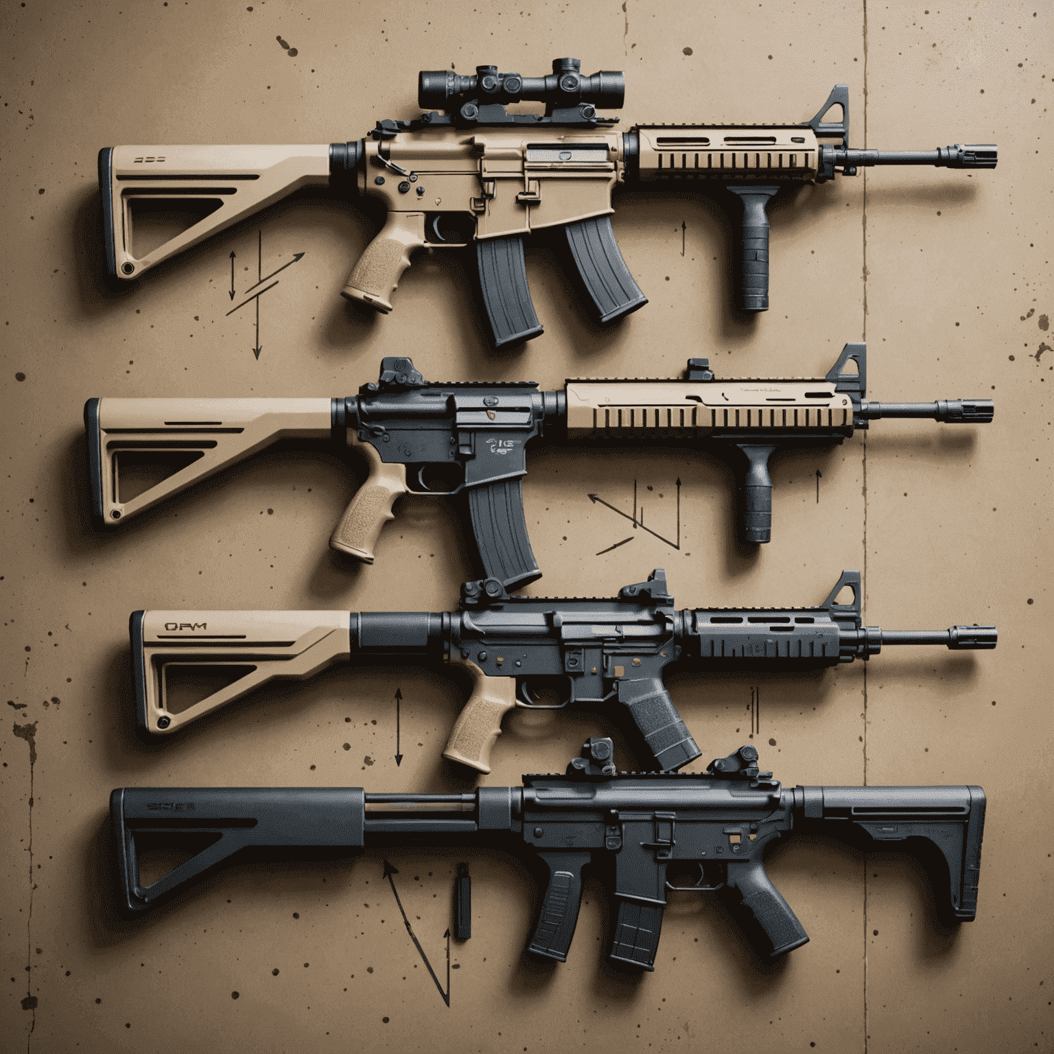 Five CS2 weapon skins displayed in a grid, each with a price tag and upward trending arrow, symbolizing investment potential