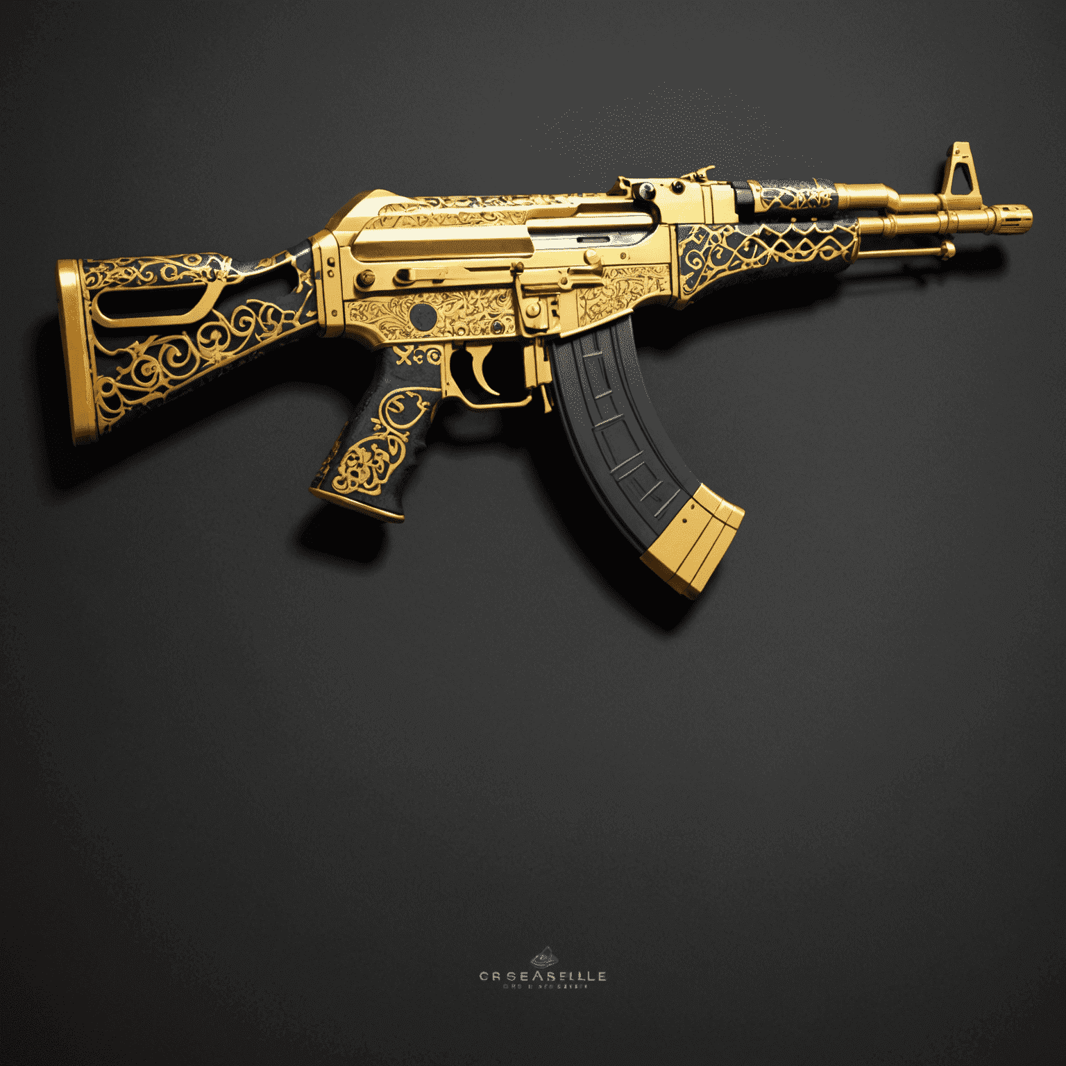 AK-47 Gold Arabesque skin featuring intricate golden patterns on a black base, showcasing its rarity and desirability in CS2