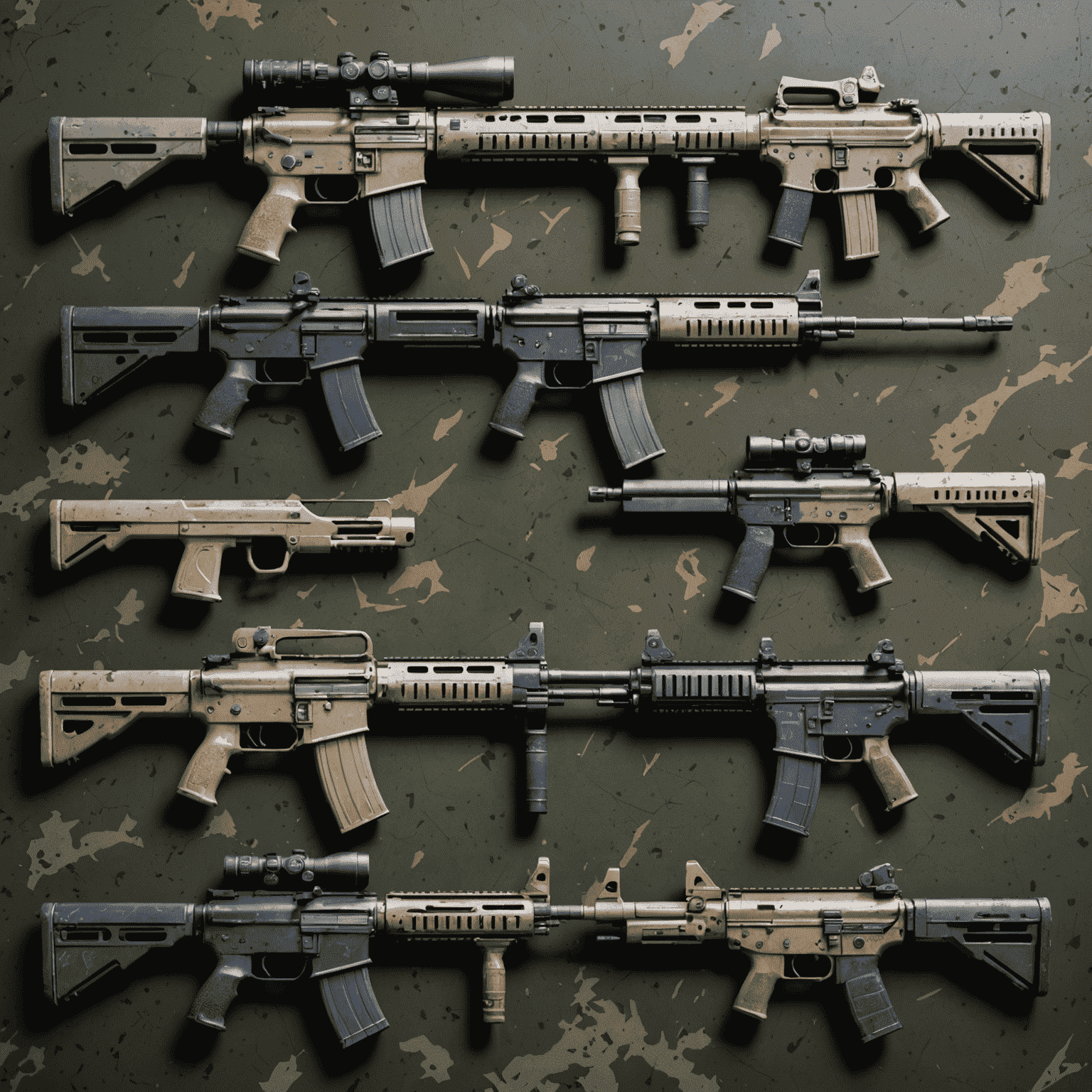A detailed image showing different CS2 skins with varying float values, from Factory New to Battle-Scarred, arranged in a grid format