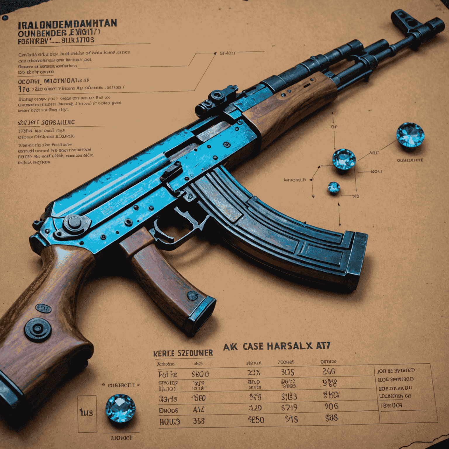Close-up of a Case Hardened AK-47 with a rare blue gem pattern, alongside a price estimation chart