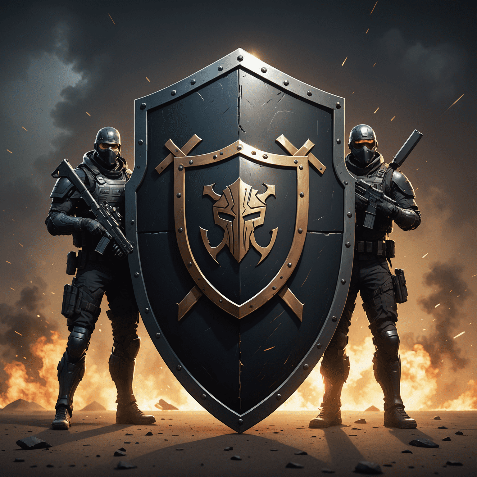 Illustration of a shield protecting CS2 skins from various scam tactics represented by shadowy figures